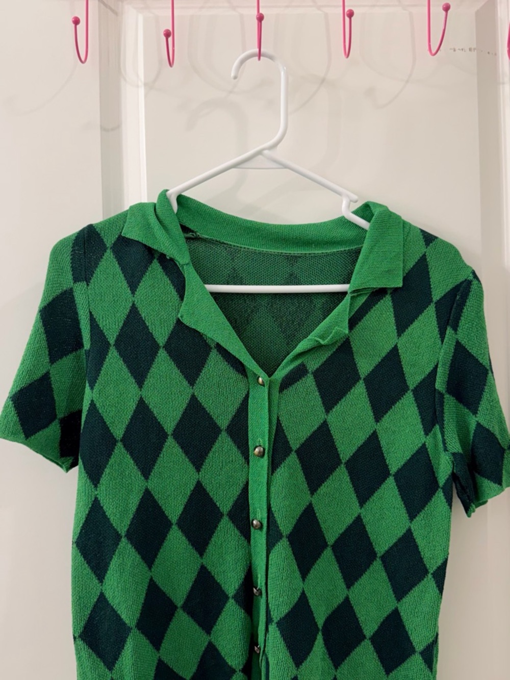 Y2K Green Argyle Knit Cardigan Top | Preppy Short Sleeve Sweater
